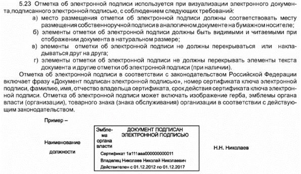 Отметка об электронной подписи в соответствии с законодательством Российской Федерации включает фразу «Документ подписан электронной подписью», номер сертификата ключа электронной подписи, фамилию, имя, отчество владельца сертификата, срок действия сертификата ключа электронной подписи